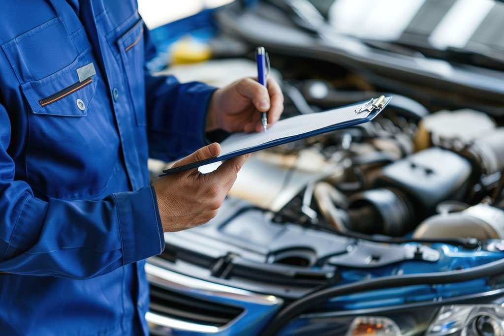 Teknisyen araç motor bölmesinin önünde kontrol listesine not alıyor